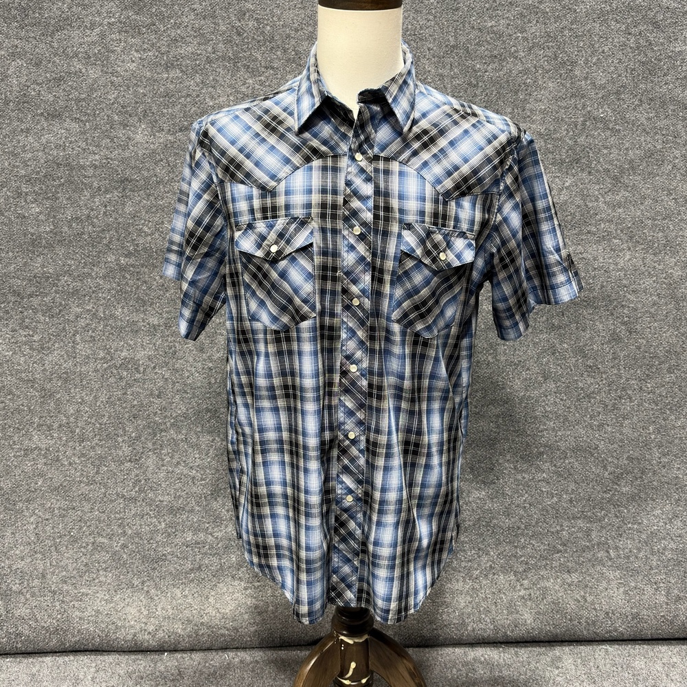 Wrangler Shirt Mens Large Blue Plaid Pearl Snap Western Cowboy Short Sleeve